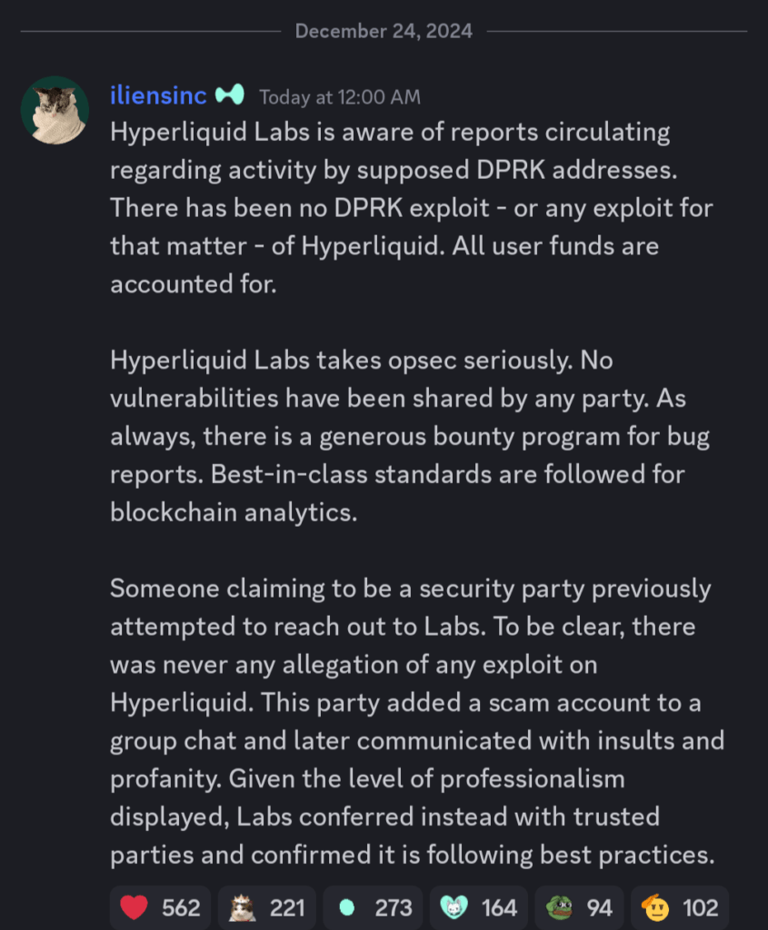 Hyperliquid 反驳北韩黑客相关指控,指不存任何资安问题 Hyperliquid 反驳北韩黑客相关指控,指不存任何资安问题
