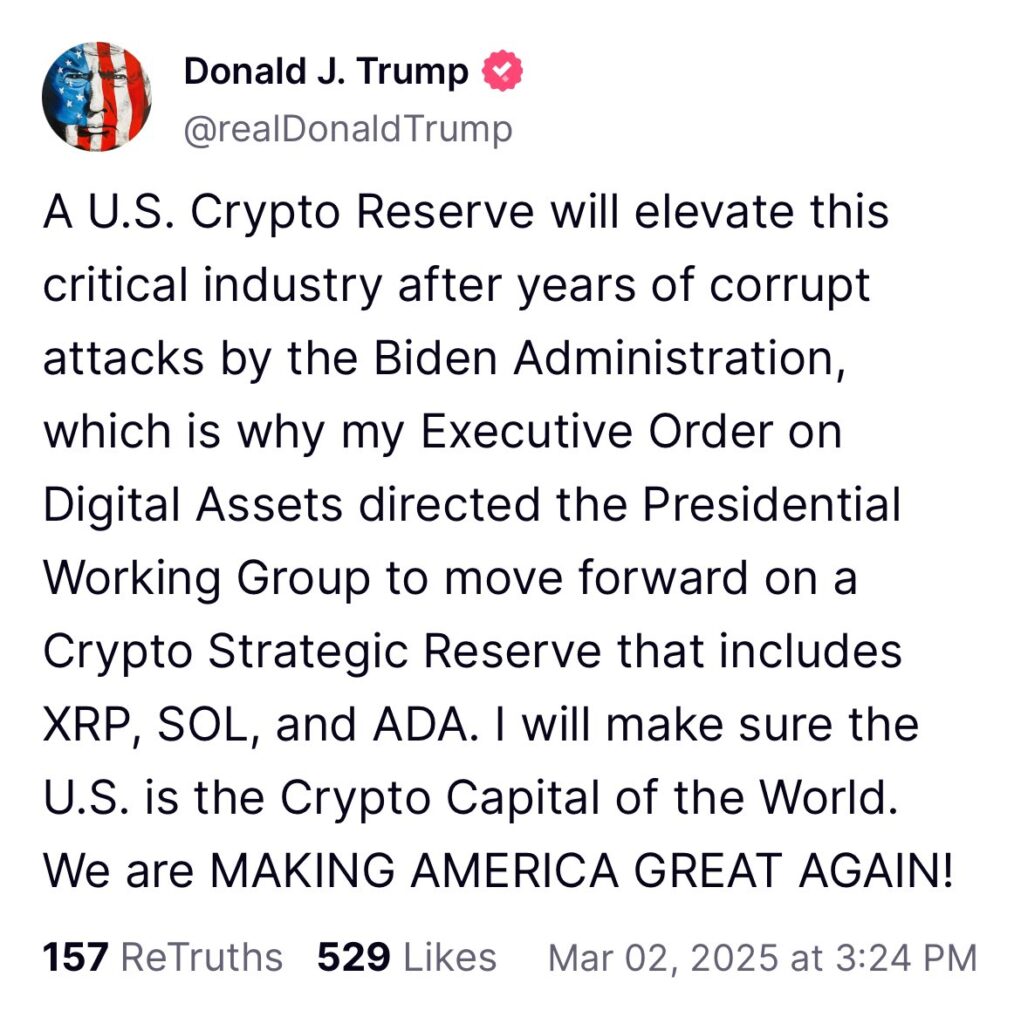 川普倡议建立美国加密货币储备,点名纳入 XRP 、 SOL 和 ADA 川普倡议建立美国加密货币储备,点名纳入 XRP 、 SOL 和 ADA