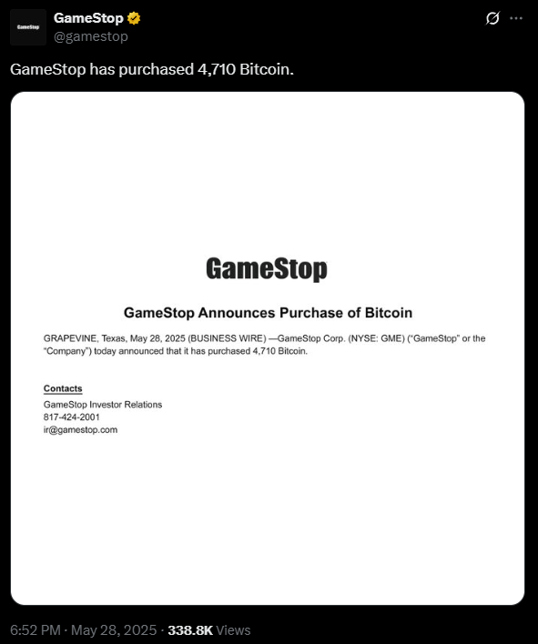 GameStop 宣布购入 4,710 枚比特币,盘前股价升近 5% GameStop 宣布购入 4,710 枚比特币,盘前股价升近 5%