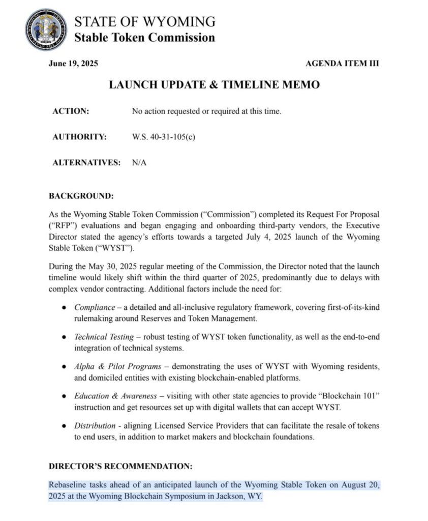 怀俄明州计划 8 月推出美国首个州级稳定币「WYST」,有望成为协调州和联邦数位资产政策试点案例 怀俄明州计划 8 月推出美国首个州级稳定币「WYST」,有望成为协调州和联邦数位资产政策试点案例