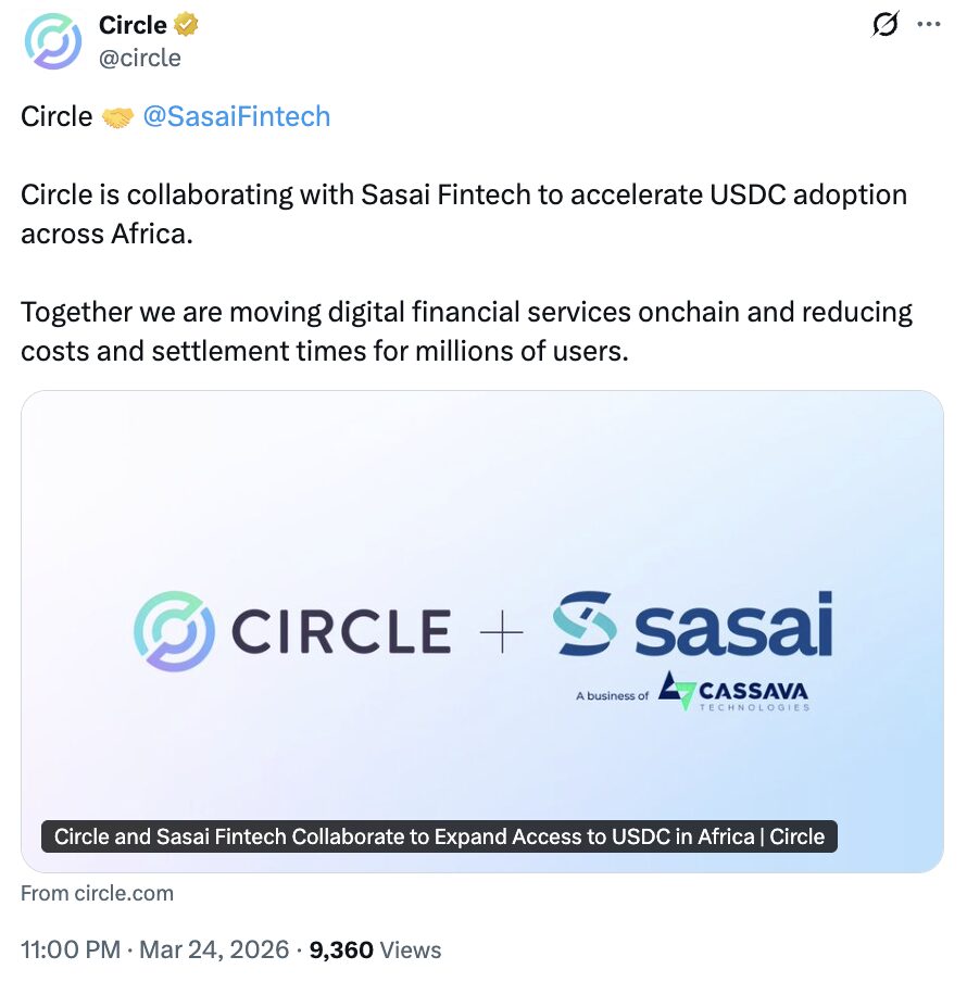 Circle 与非洲金融科技公司 Sasai 合作，扩大 USDC 跨国支付应用
