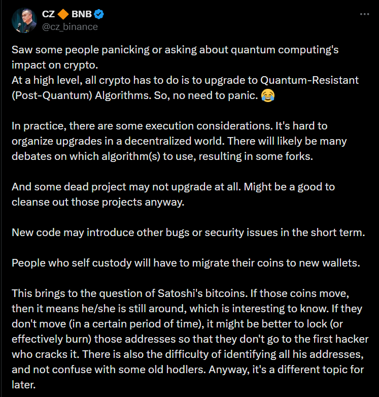 量子攻击 9 分钟就能破解比特币?币安 CZ:升级就能挡、不必恐慌 量子攻击 9 分钟就能破解比特币?币安 CZ:升级就能挡、不必恐慌