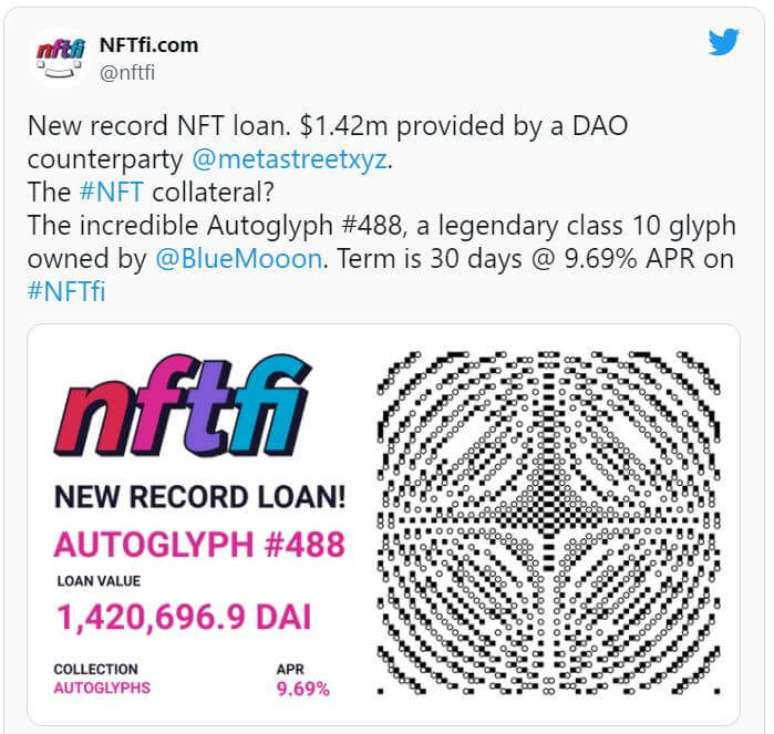 NFT抵押贷款一笔贷款金额超过140万美元创纪录 NFT抵押贷款一笔贷款金额超过140万美元创纪录